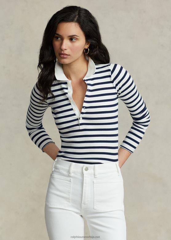 Жене Ralph Lauren пругаста ребраста поло мајица дугих рукава V2V443074 префињена морнарско/бела