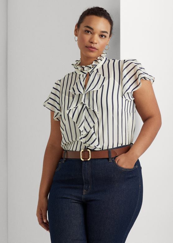 Жене Ralph Lauren пругаста шифонска блуза са воланима V2V444655 пергамент крем / морнарица