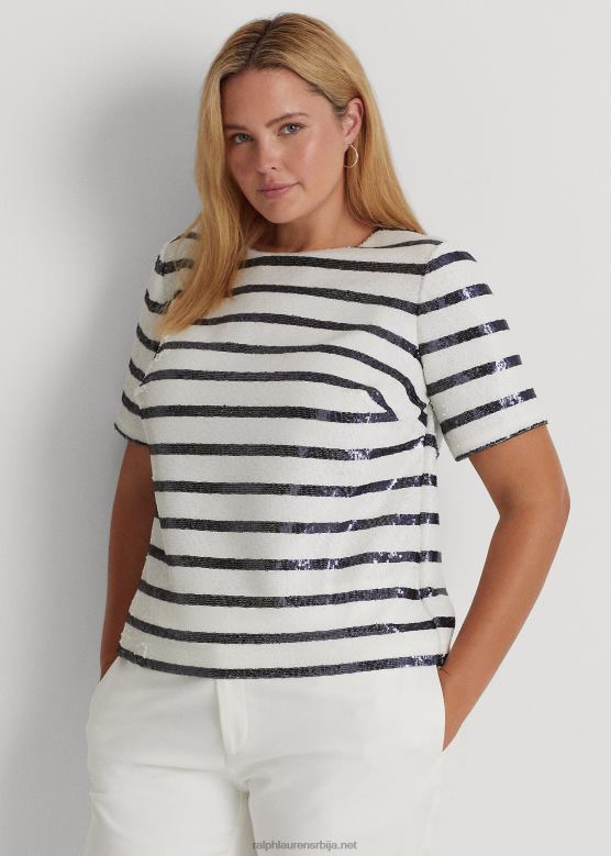 Жене Ralph Lauren пругаста блуза кратких рукава са шљокицама V2V444798 бела/префињена морнарица