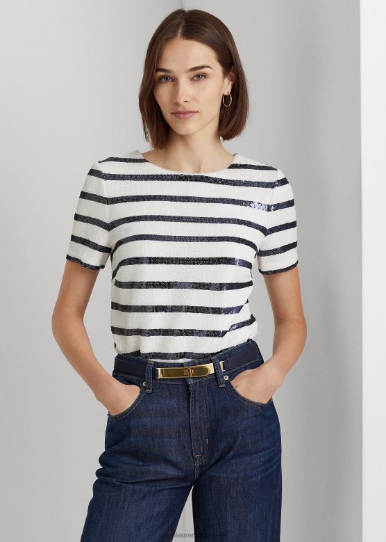 Жене Ralph Lauren пругаста блуза кратких рукава са шљокицама V2V444846 бела/префињена морнарица