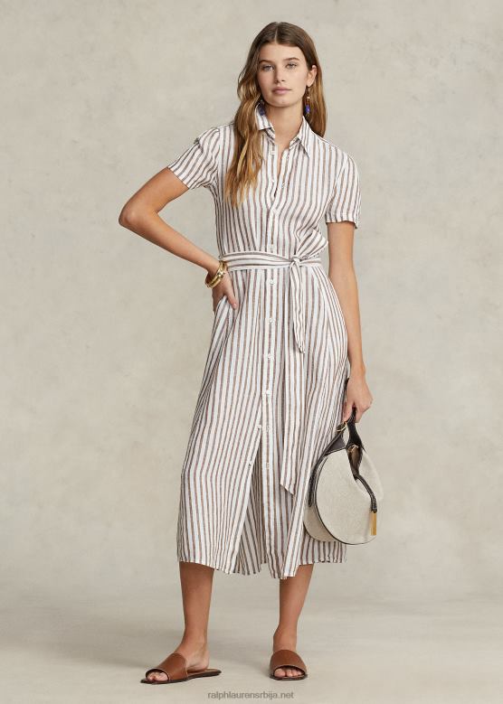 Жене Ralph Lauren пругаста ланена кошуља кратких рукава V2V442912 ловац браон