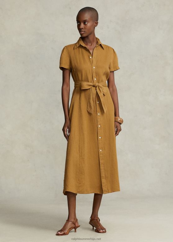 Жене Ralph Lauren ланена кошуља кратких рукава са појасом V2V442956 кафе браон