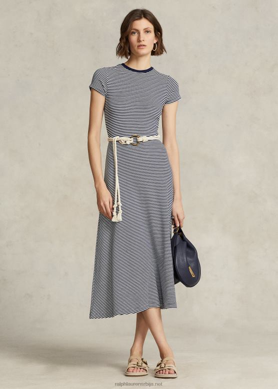 Жене Ralph Lauren пругаста ребраста хаљина од мешавине памука V2V443066 бела/невпорт морнарска трака
