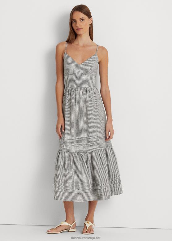 Жене Ralph Lauren пругаста ланена хаљина са машном V2V443926 црно бели