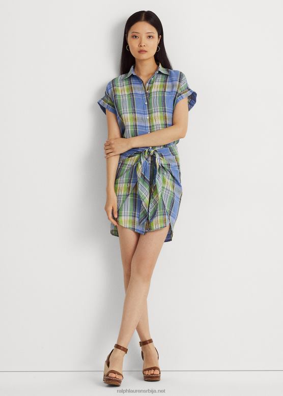 Жене Ralph Lauren ланена кошуља са карираном краватом V2V444326 плави мулти