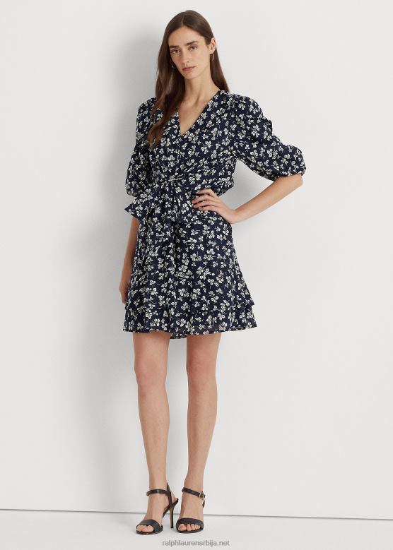 Жене Ralph Lauren памучна хаљина са пуф рукавима са штампом са краватом V2V444371 морнарско/крем