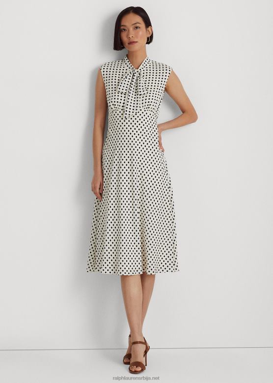 Жене Ralph Lauren хаљина од жоржета са краватом и изрезом на точкице V2V444427 пергамент крем / морнарица