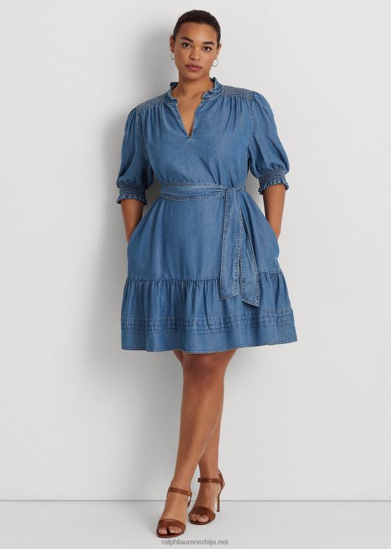 Жене Ralph Lauren хаљина од деним пуф рукава са појасом V2V444619 солни поток прање