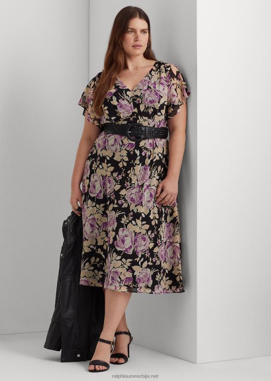 Жене Ralph Lauren хаљина од жоржета са набораним цветовима V2V444776 црна/лаванда/крем