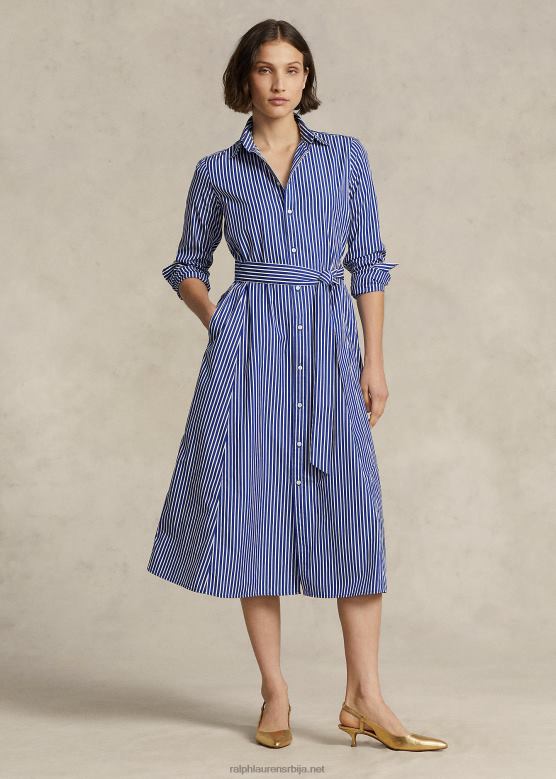 Жене Ralph Lauren пругаста памучна кошуља са појасом V2V449177 светло тамноплава/бела