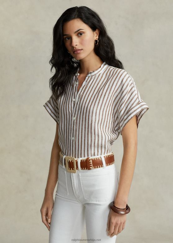 Жене Ralph Lauren ланена кошуља кратких рукава опуштеног кроја V2V442916 ловац браон/бела пруга