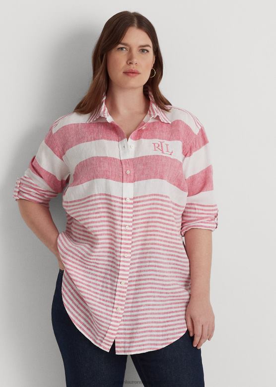 Жене Ralph Lauren пругаста превелика ланена кошуља V2V444546 спорт пинк/бела