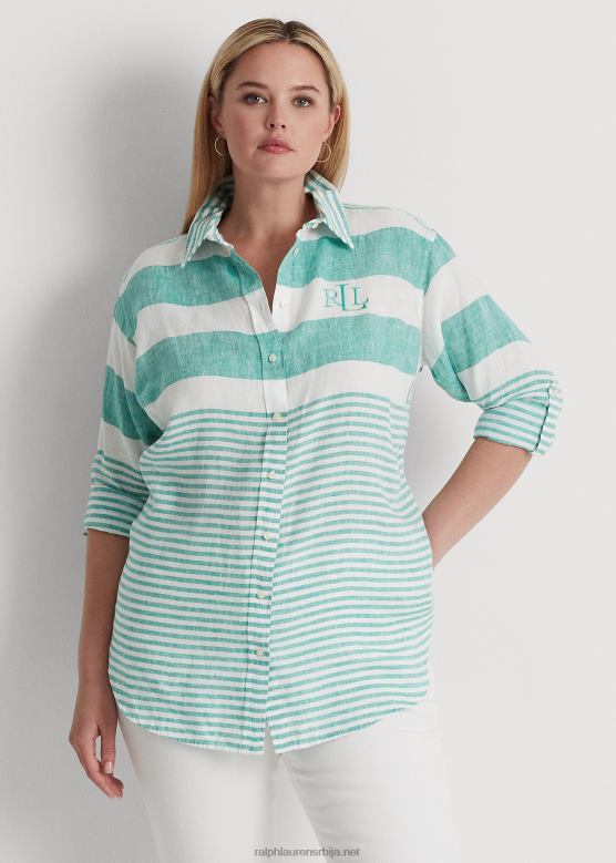 Жене Ralph Lauren пругаста превелика ланена кошуља V2V444548 палмин лист/бело
