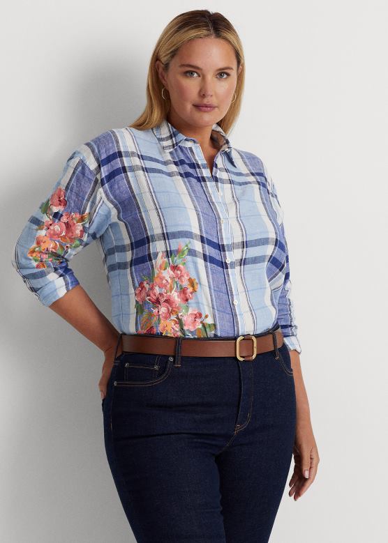 Жене Ralph Lauren цветна и карирана ланена кошуља V2V444610 плаво бели