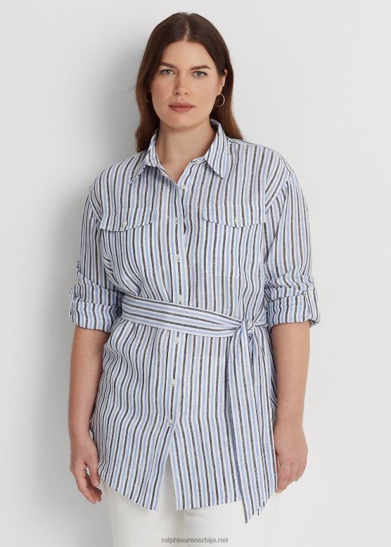 Жене Ralph Lauren пругаста ланена кошуља са појасом V2V444611 плаво/бело мулти
