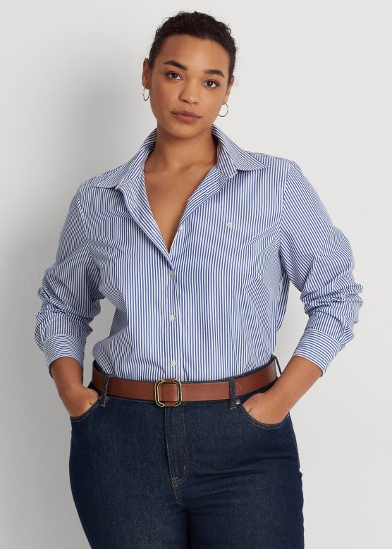 Жене Ralph Lauren пругаста памучна кошуља која се лако одржава V2V444725 плаво бели