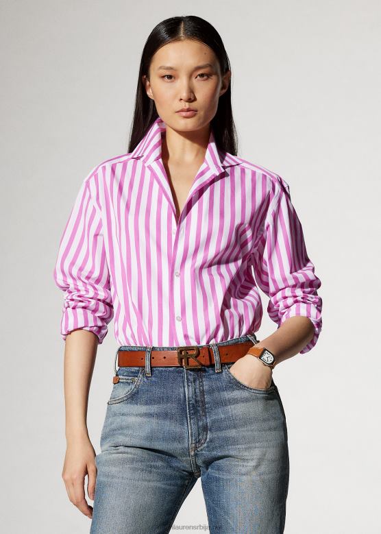 Жене Ralph Lauren пругаста памучна кошуља V2V449337 жвакаћа гума розе/бела