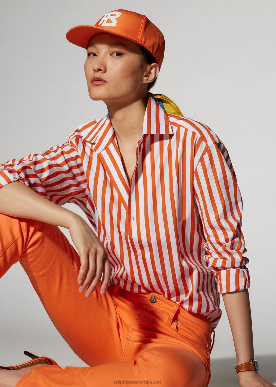 Жене Ralph Lauren пругаста памучна кошуља V2V449338 мак наранџаста/бела