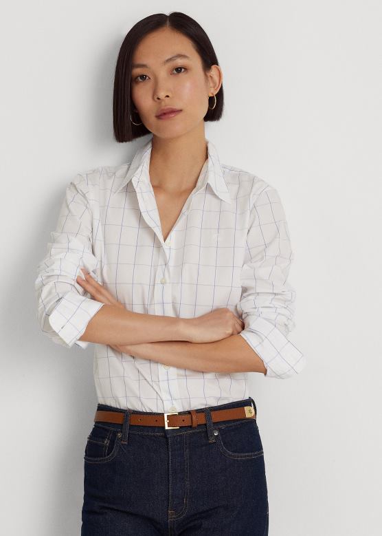 Жене Ralph Lauren памучна кошуља од прозорског стакла V2V449467 бело/плаво