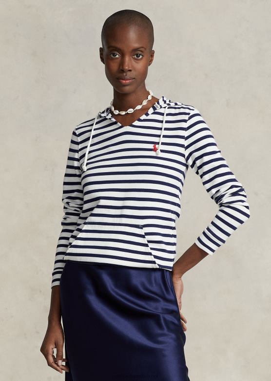 Жене Ralph Lauren мајица са капуљачом на пругасти дрес V2V443037 трофеј крем / рафинисана морнарица