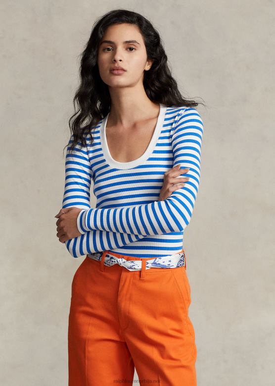 Жене Ralph Lauren пругаста ребраста мајица са кратким рукавом V2V443055 бела/бања краљевска