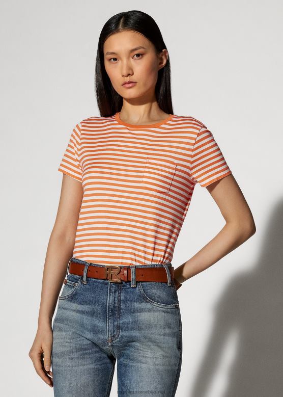 Жене Ralph Lauren пругаста мајица са широким џепом V2V449129 мак наранџасти/бели
