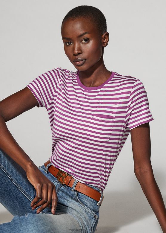 Жене Ralph Lauren пругаста мајица са широким џепом V2V449130 светла бобица/бели