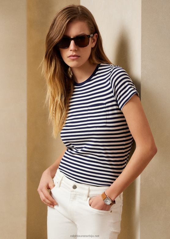 Жене Ralph Lauren пругаста мајица са широким џепом V2V449131 тамноплава/бели