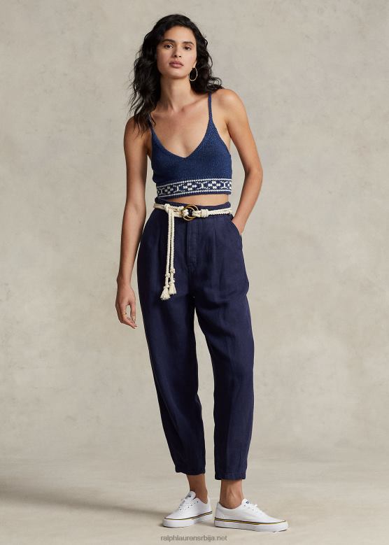 Жене Ralph Lauren плисиране панталоне од кепера од мешавине лана V2V443027 морнарица