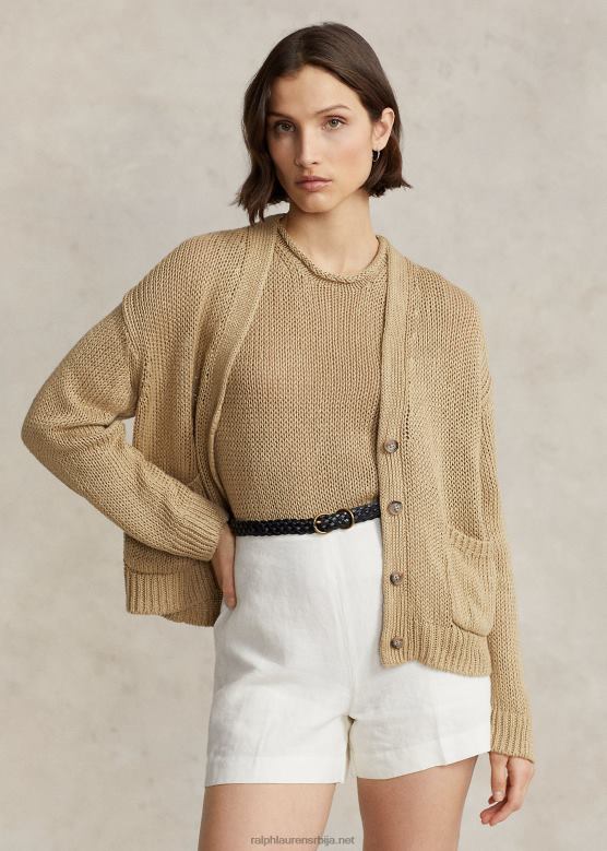 Жене Ralph Lauren кардиган од мешавине лана с в-изрезом V2V442936 основни песак