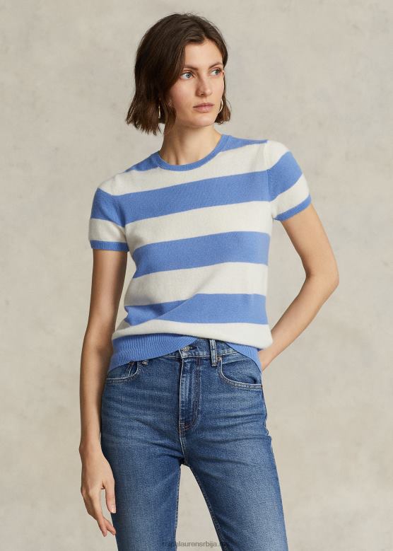 Жене Ralph Lauren пругасти џемпер кратких рукава од кашмира V2V443043 крем / лучко острво плаво