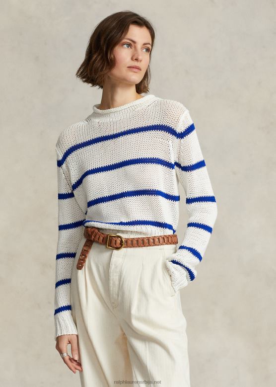 Жене Ralph Lauren пругасти памучни џемпер V2V443062 бела/краљевско плава