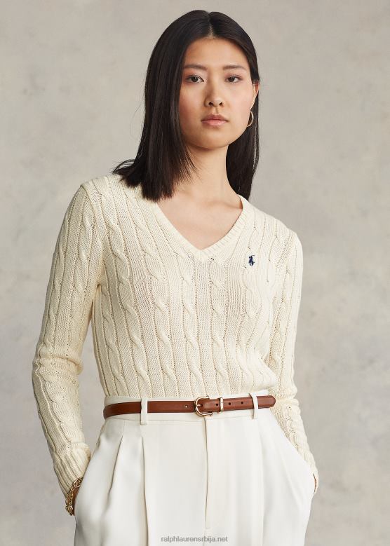 Жене Ralph Lauren плетени џемпер са в-изрезом V2V443337 крем