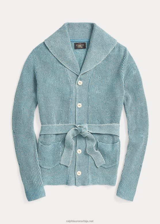 Жене Ralph Lauren памучно-ланени кардиган са појасом V2V443641 светло индиго