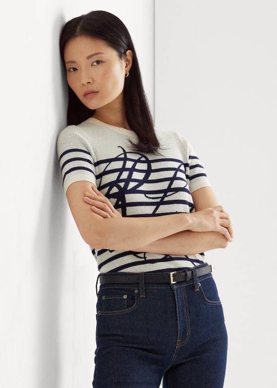 Жене Ralph Lauren џемпер кратких рукава на пруге са логотипом V2V449479 маскарпоне крем/плава