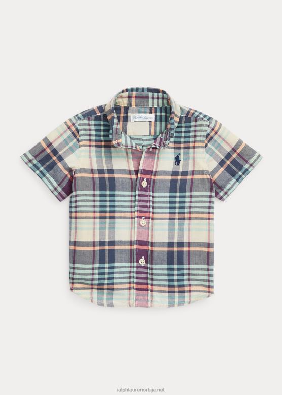 беба Ralph Lauren Индиго памучна мадрас кошуља кратких рукава V2V447888 крем/плава мулти