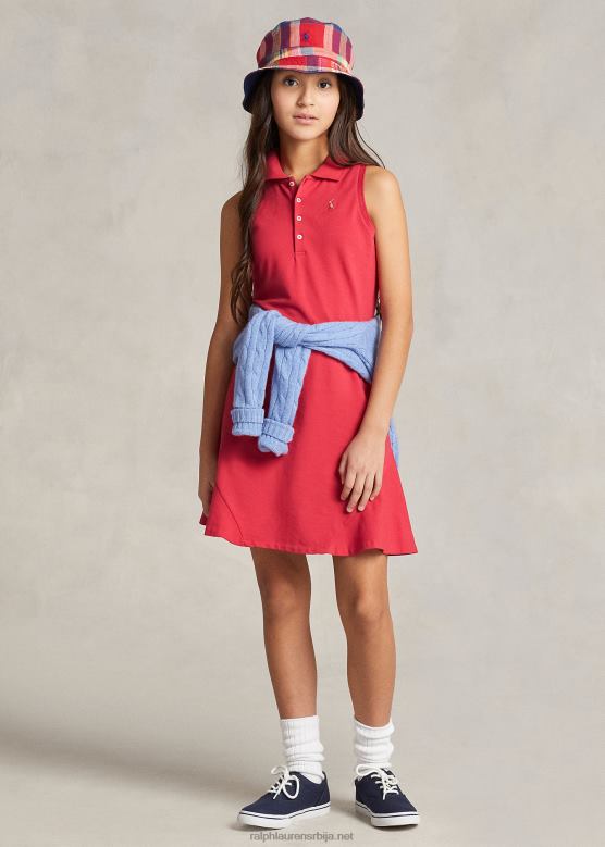 клинци Ralph Lauren растезљива мрежаста поло хаљина са гросграин трим V2V446957 десна црвена