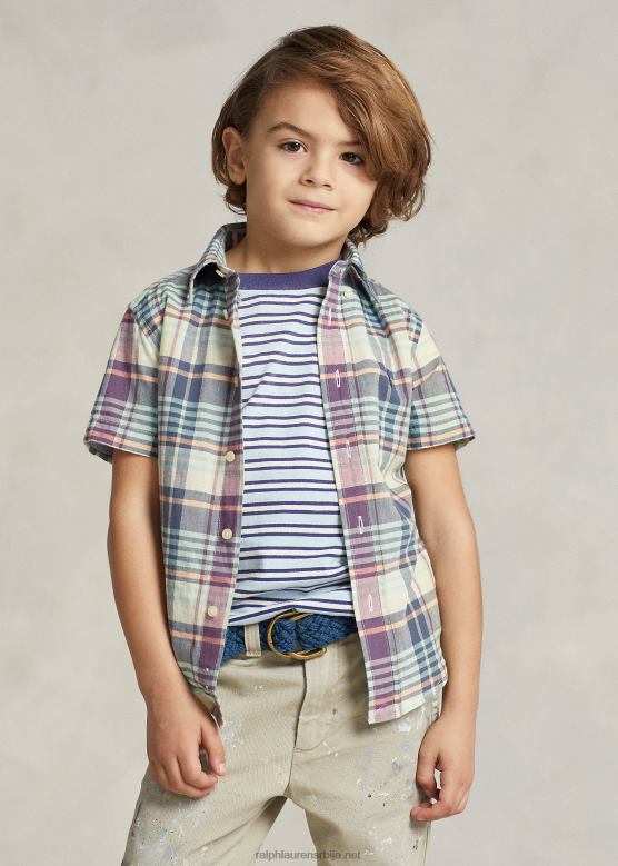 клинци Ralph Lauren Индиго памучна мадрас кошуља кратких рукава V2V445634 крем/плава мулти