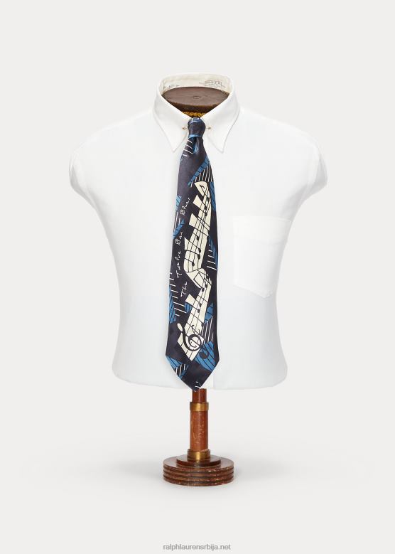 мушкарци Ralph Lauren ручно рађена свилена кравата са музичким нотама V2V448831 морнарско/лт плава/сивкасто-бела му