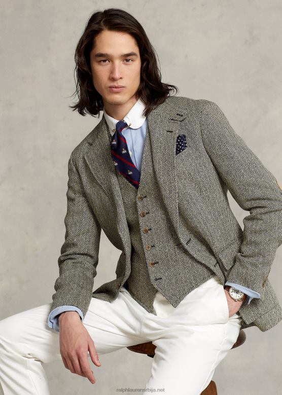 мушкарци Ralph Lauren јакна рибље кости од мешавине лана рл67 V2V441092 црни и крем