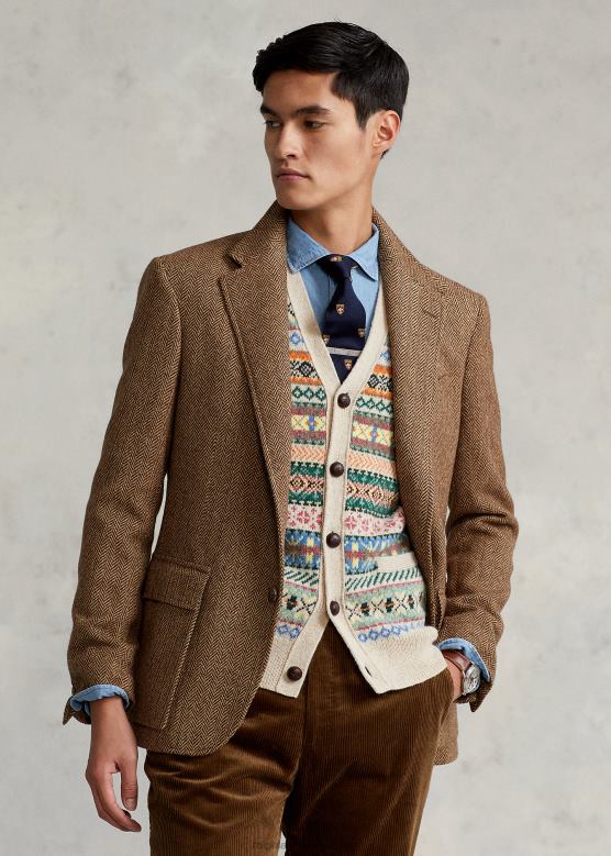 мушкарци Ralph Lauren јакна од рибље кости рл67 V2V4496 браон и камилав