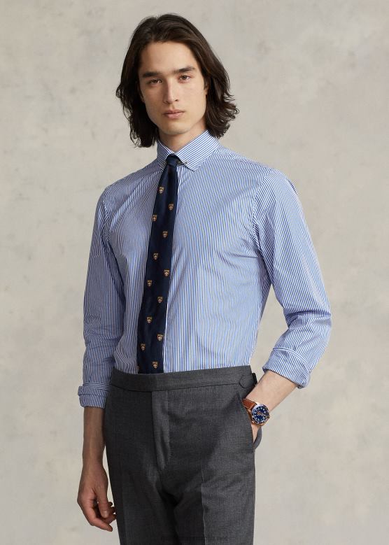 мушкарци Ralph Lauren регент слим фит пругаста кошуља од поплина V2V448619 кобалт плава/бела