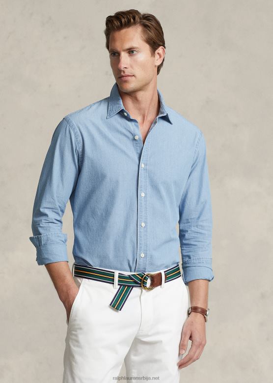мушкарци Ralph Lauren прилагођена индиго шамбре кошуља V2V448649 нимес плаво/бело