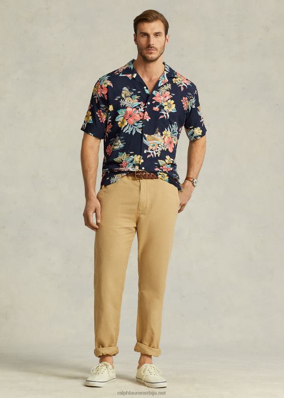 мушкарци Ralph Lauren панталоне од лана и памука класичног кроја V2V441413 винтаге каки