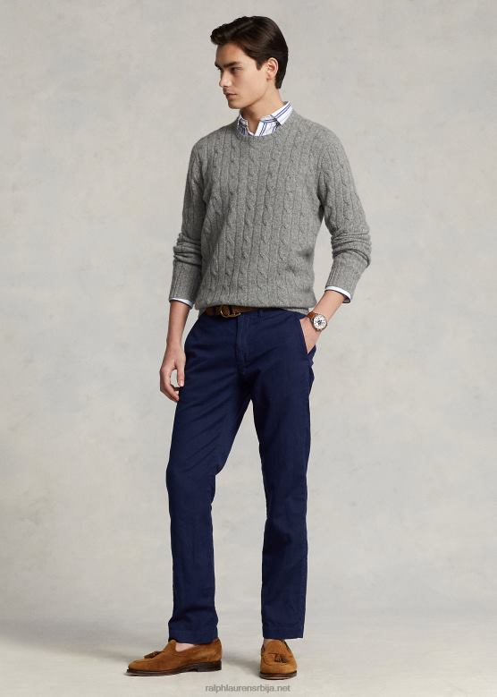 мушкарци Ralph Lauren панталоне од лана и памука равног кроја V2V44480 невпорт морнарица