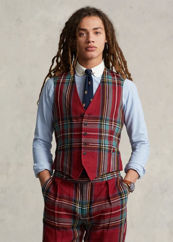 мушкарци Ralph Lauren карирани ланени прслук V2V441241 црвено/зелено мулти