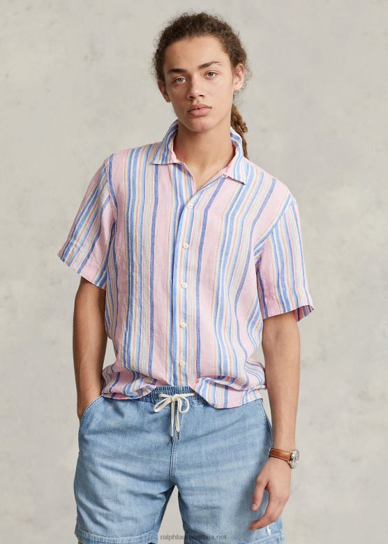 мушкарци Ralph Lauren ланена камп мајица класичног кроја V2V441015 розе/плава мулти