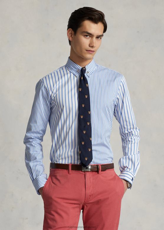 мушкарци Ralph Lauren забавна кошуља од поплина на пругама прилагођеног кроја V2V441098 плава забавна мајица