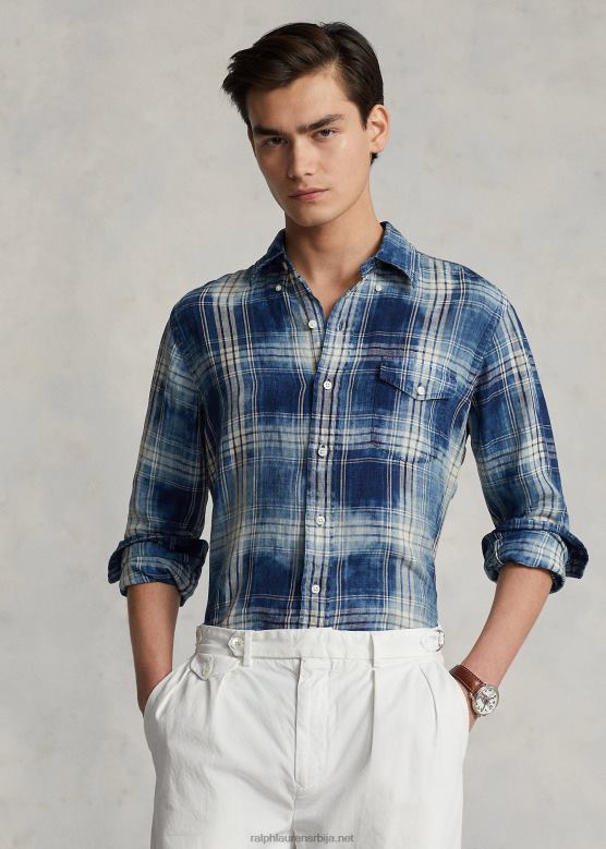 мушкарци Ralph Lauren карирана ланена кошуља класичног кроја V2V441148 индиго бела мулти