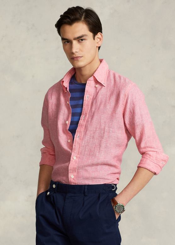 мушкарци Ralph Lauren ланена шамбре кошуља по мери V2V44965 мирни корал/бели